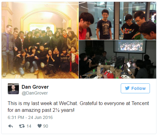 上月格羅夫表示，他將離開微信