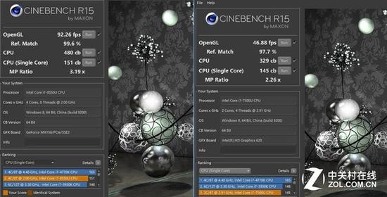 對比i7-7500U（左為i7-8550U）