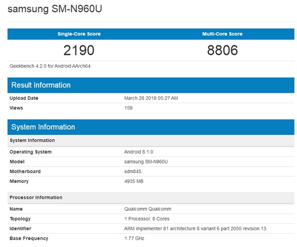 三星Galaxy Note9現身Geekbench：驍龍845+安卓8.1
